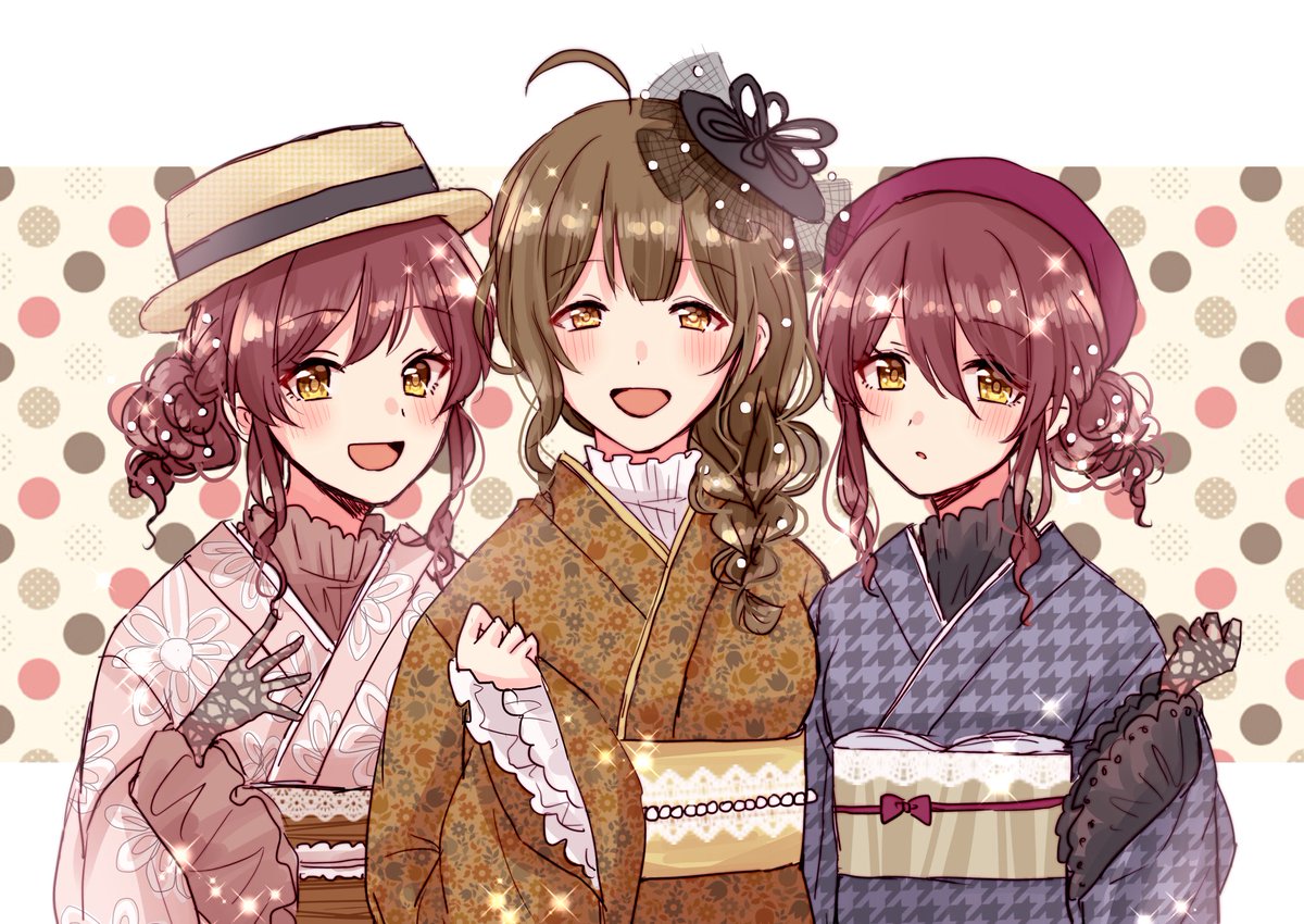 kuwayama chiyuki ,osaki amana ,osaki tenka hat multiple girls japanese clothes kimono 3girls braid hair bun  illustration images