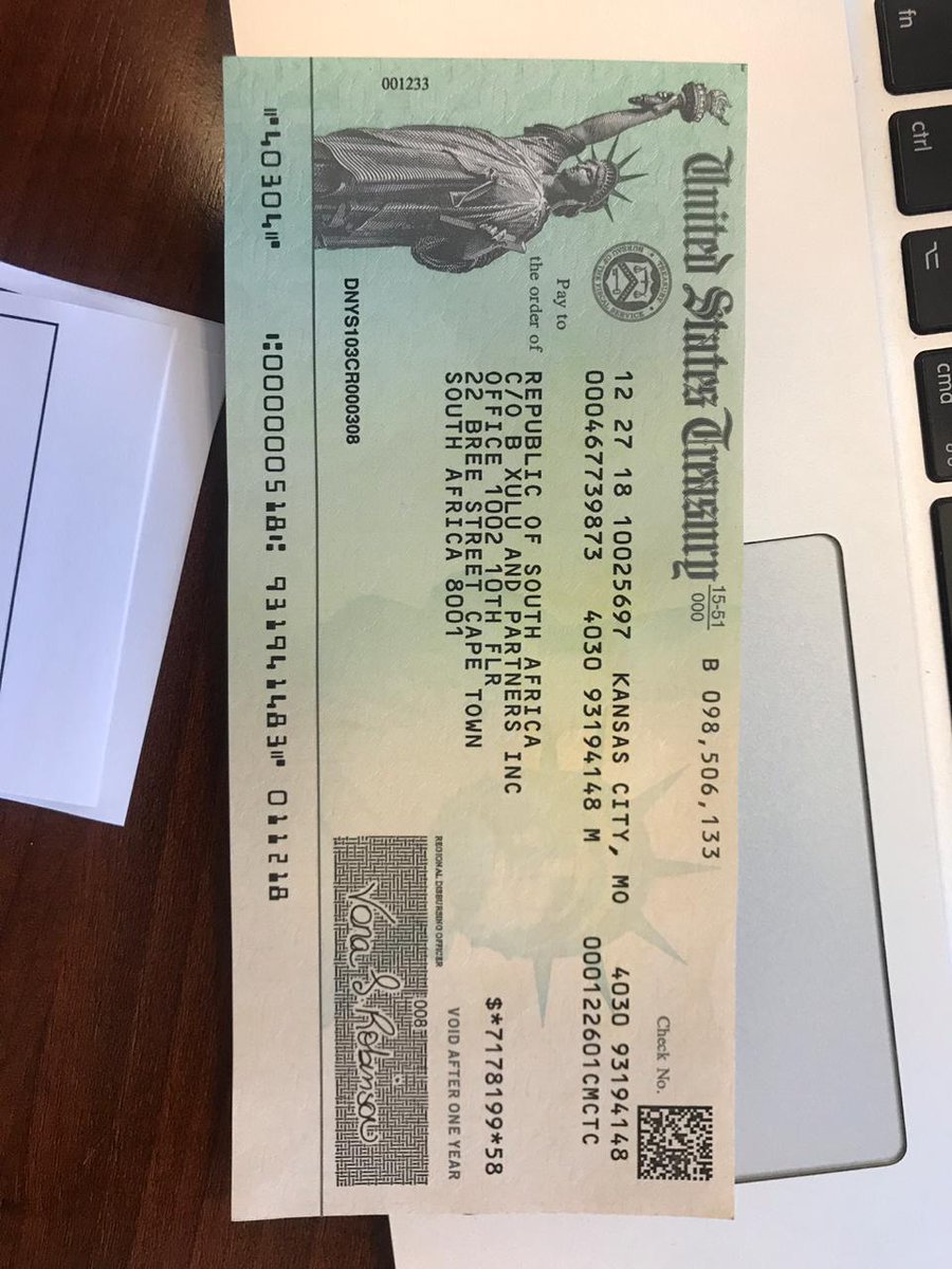 BXI attorney's including both the American government and UK authorities working with the NPA under Adv Abraham, managed to pull of a historic win and recover Millions of U.S dollars back to SA. Here's the cheque below.