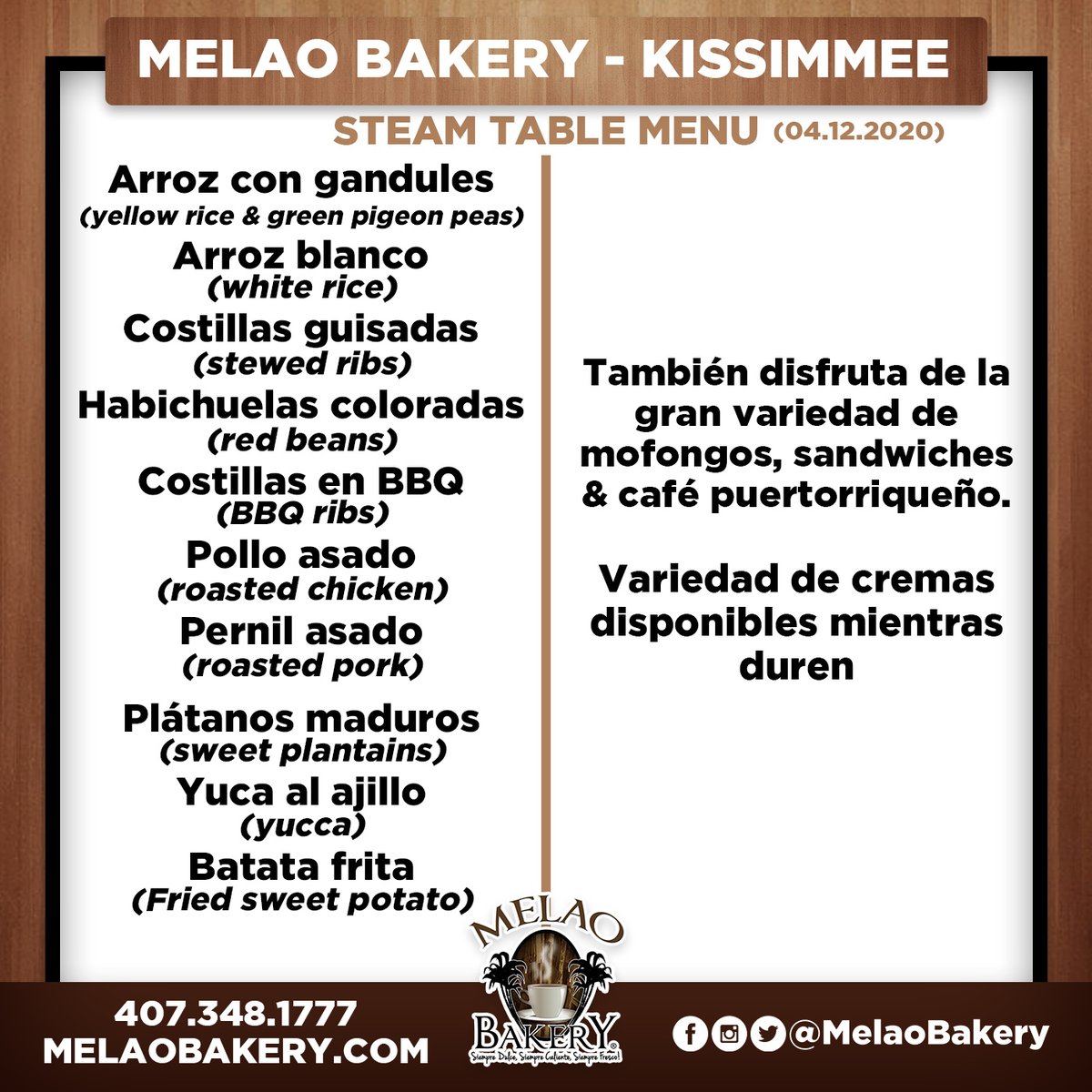 Melao_Bakery's tweet photo. Disfruta de nuestra #sabrosura esperándote en Melao Bakery #Kissimmee (1912 Fortune Rd, Kissimmee, FL.)

#lunch #menu #foodlover #dinner #readytoeat #latinfood #flavor #puertoricanfood #EsMiMelao https://t.co/pgePC2JRsM