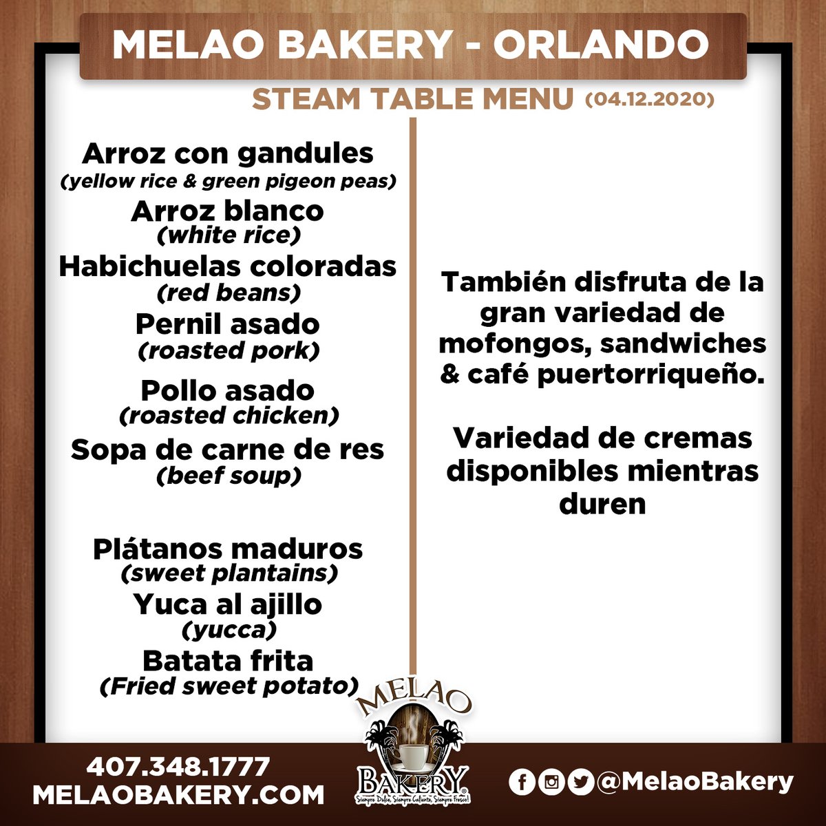 Melao_Bakery's tweet photo. Disfruta de nuestra #sabrosura esperándote en Melao Bakery #Orlando (2001 Consulate Dr, Orlando, FL.)

#lunch #menu #foodlover #dinner #readytoeat #latinfood #flavor #puertoricanfood #EsMiMelao https://t.co/nJnl4qZzFd