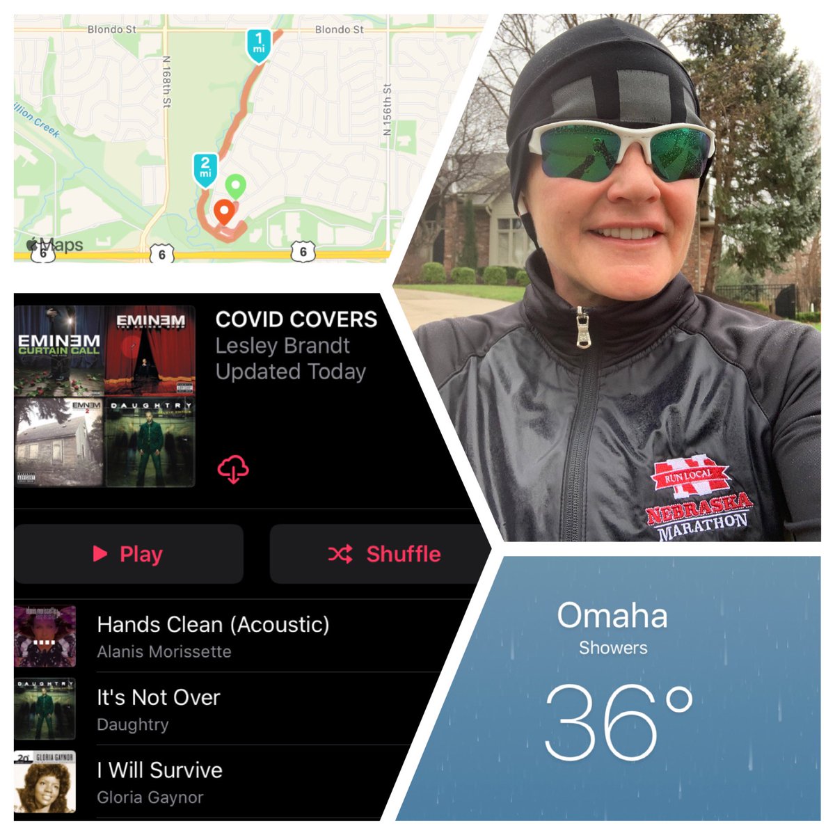 Broken treadmill, cold, rainy & windy. Fogged glasses, fav @Nebraska262 jacket, short track & new playlist. #Can’t🛑Won’t🛑 #SundayFunday #FasterUGoTheSoonerUrDone #WillRun4CarrotCake #runnerMom   🏃🏻‍♀️🥕🎂 💛🐰🐣🤍
