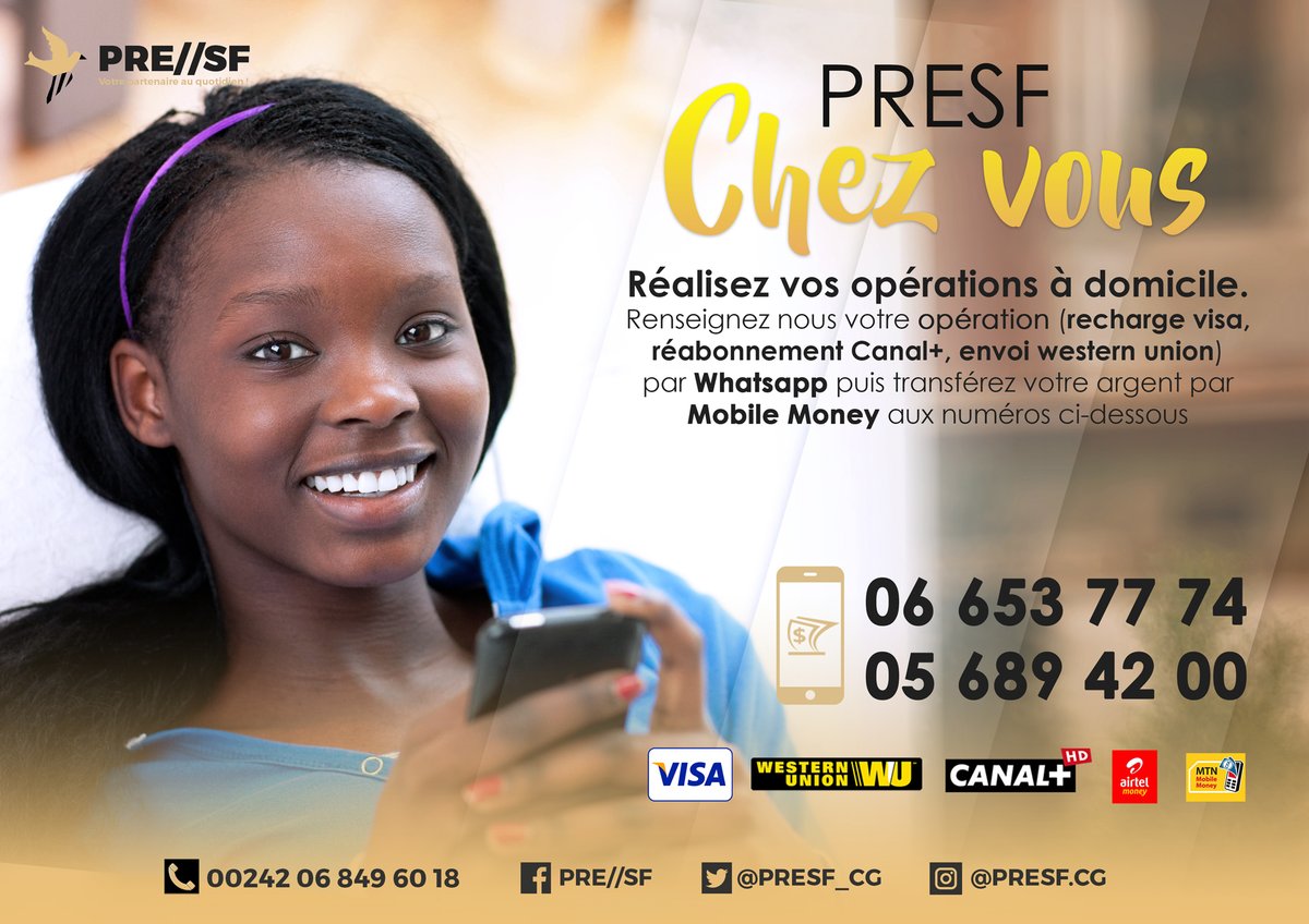 presf_cg's tweet photo. Réalisez vos opérations à domicile. Renseignez nous votre opération par #Whatsapp puis transférez votre argent par #AirtelMoney ou MTN #MobileMoney aux numéros suivants 066537774 / 056894200.
#presf #change #westernunion #canalplus #visa https://t.co/zLRaQTttwB