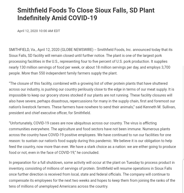 Smithfield closing Sioux Falls, SD pork plant indefinitely. One of the largest in the U.S.