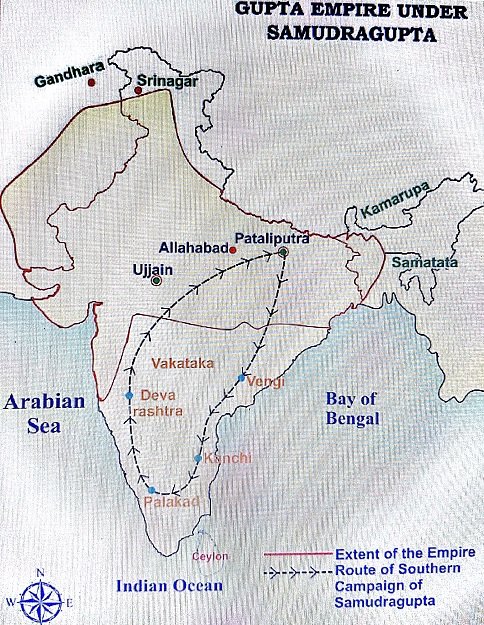 Wishing to extend his suzerainty in the South, Samudra Gupta next crossed the Vindhyas and defeated 12 kings of south India.He went as far as Kanchi and Pallakad, however here he stopped.Image of Samudra Gupta's campaigns in the South.