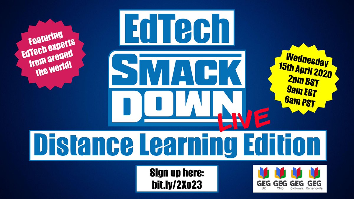 abid_patel's tweet photo. Join #EdTech experts from around the world on Wed 15th April 2pm BST/9am EST for "#EdTech SmackDown Live #DistanceLearning Edition!" for a great session where we'll #DemoSlam different tips, tricks &amp; tools to use for #DistanceLearning! Sign up here: https://t.co/L7i11I8PFf https://t.co/99gU4ZCio3