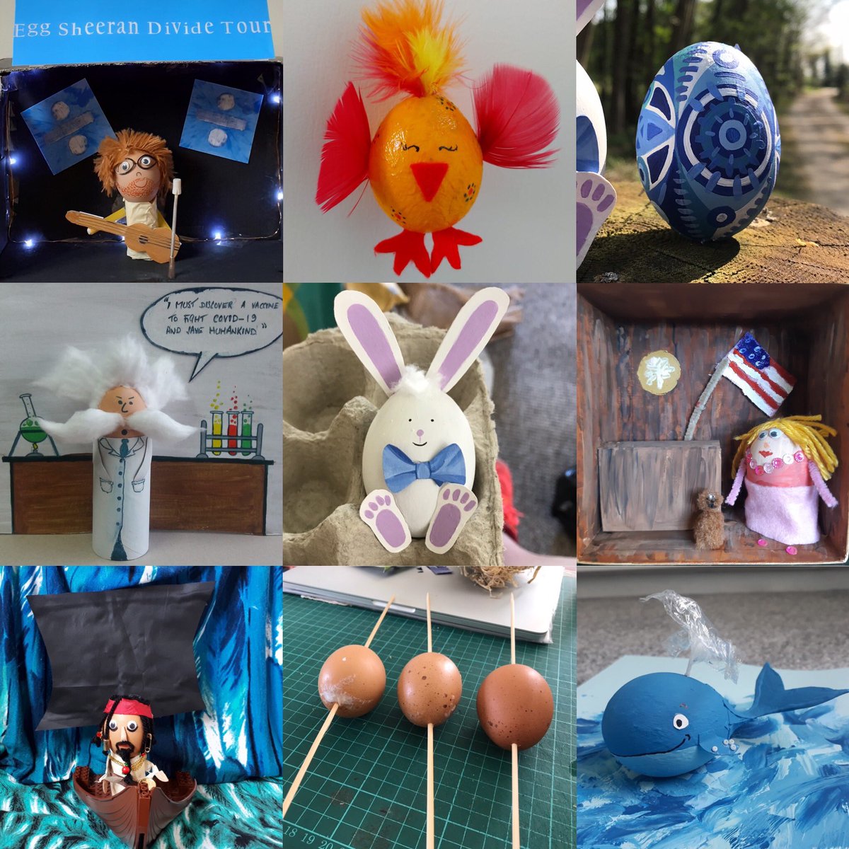 JJWesting's tweet photo. Handmade Easter eggs by friends and family! Albert the whale, Chirpy the chick, Egg Sheeran, Benny the Bunny, blue egg, Professor Fartsoftein, Jack Sparrow Egg, Elle Woods and bruiser the dog.

 #eastereggs #eggdecoration #familyactivity #eggceptional #eggstaordinary https://t.co/Z5sG2cilTX