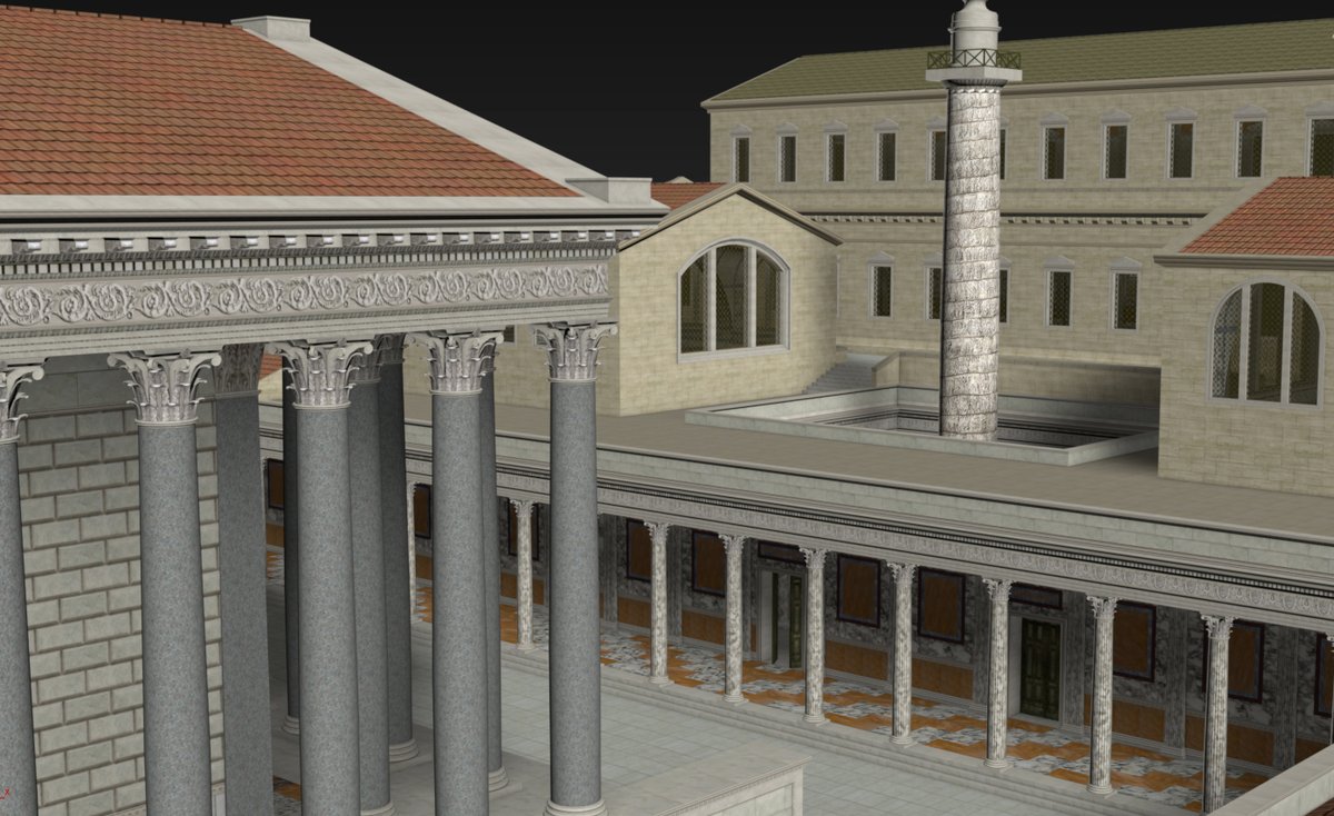 From upper galleries in the Basilica, Romans could look through clerestory windows at Trajan’s triumphal column which stood in an adjacent courtyard flanked by Latin and Greek libraries (bibliotheca).  #LostRome