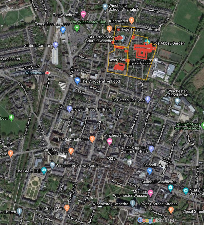 don't need to do anything for Hyde because all the data is put into in Google MyMaps, wonderful. All that is left of the great Romanesque abbey where Alfred the Great was reinterred in 1110 is a rather dull Perp gatehouse, but the site of the apse is marked with a garden or sorts