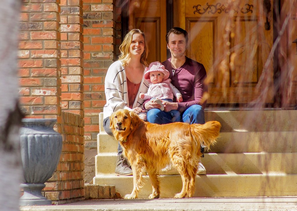 Cute little Bennett aced her pose but by the time Mom, Dad and Fred did, she lost interest. What do you do? Blend the two photos together for a great family #porchrait 
#HappyEaster #familytime #farmlife #CountyofNewell #physicaldistanephotos #photoshop