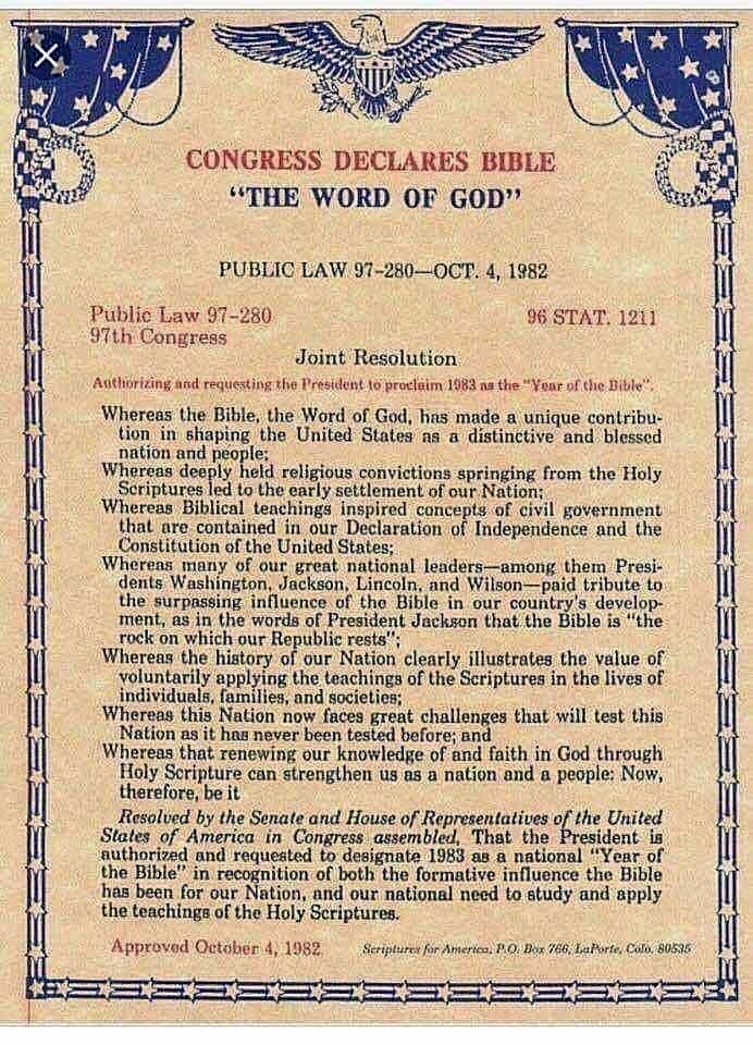 MalaineGill's tweet photo. On October 4, 1982
Congress Declared The Bible is the WORD of GOD
Why Has "The Ten Commandments" Been Removed From Government Buildings?
What Happened 2 Congress?
#Congress #TheBible #WORDOfGOD #PublicLaw #JointResolution #The10Commandments
@realDonaldTrump
@POTUS https://t.co/5RLBb5ktrp