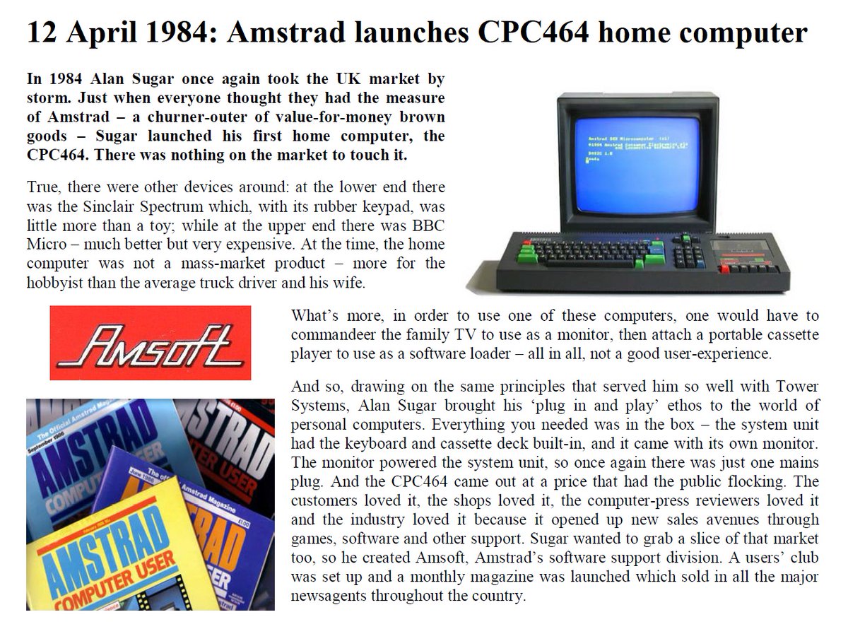 36 years ago today! On 12th April 1984 I launched Amstrad’s first home computer, the CPC464