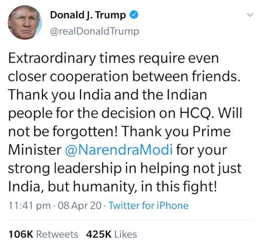 To prevent HCQ shortage, we banned it’s export but when >30 nations requested for it, he talked to leaders of pharma industry & agreed to help other nations while keeping sufficient back up stock for our needs All this has shown Narendra Modi as a global statesman!