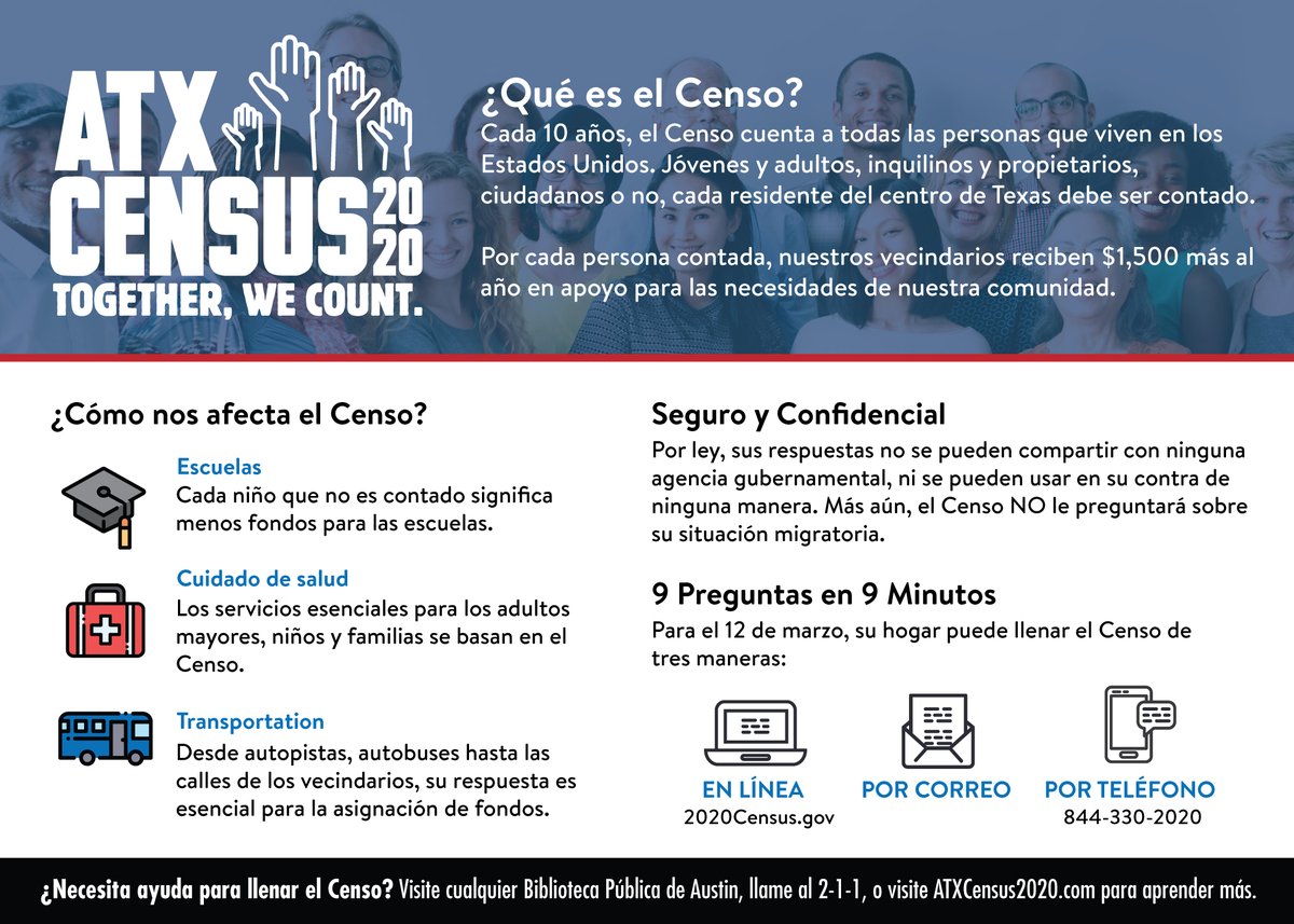 CapMetroATX's tweet photo. Ser contado asegura que las comunidades reciban los fondos que se merecen para programas federales como CHIP, SNAP, WIC y Medicaid. #ATXCensus
Como ser contado:
https://t.co/VmihfQoezl
Llama 2-1-1
Por Correo
Más información: https://t.co/KupwYTimbA https://t.co/aVP0wWvzzX