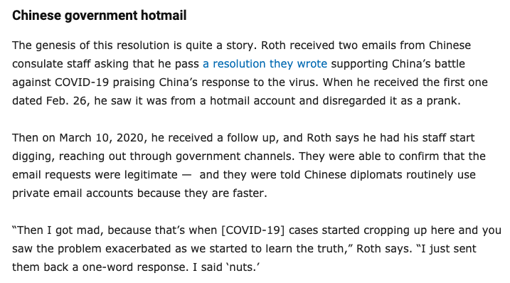 So much going on in this story, including the fact that Chinese consulate staff initially reached out to Sen. Roth using a hotmail account, so he thought it was a prank. Also Sen. Roth's diplomatic response.  https://wisconsinexaminer.com/2020/04/10/chinese-government-asks-wisconsin-senate-for-a-commendation/