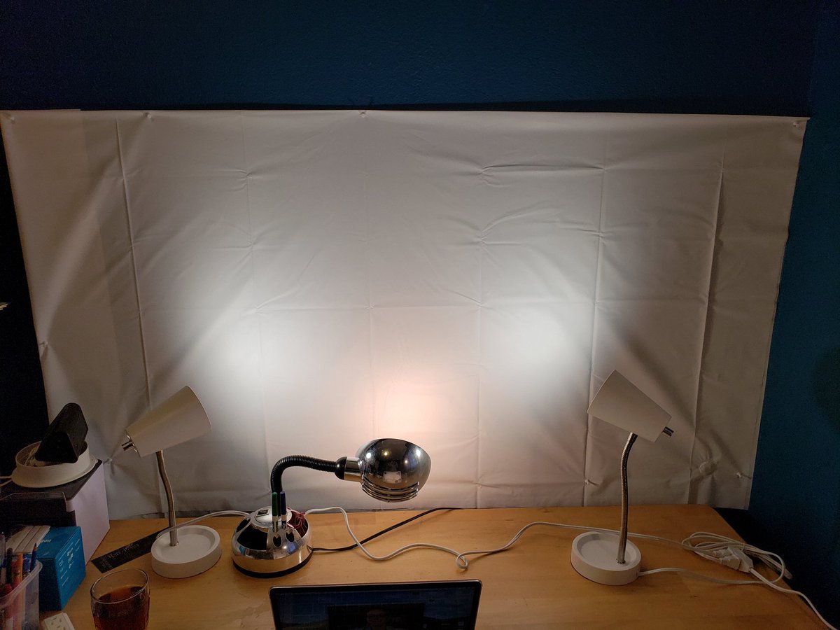 lindaphorne's tweet photo. @alicekeeler I pinned up a cheap white plastic shower curtain and used some desk lamps I found around the house or bought for 5 bucks. https://t.co/DYmytXaTLz