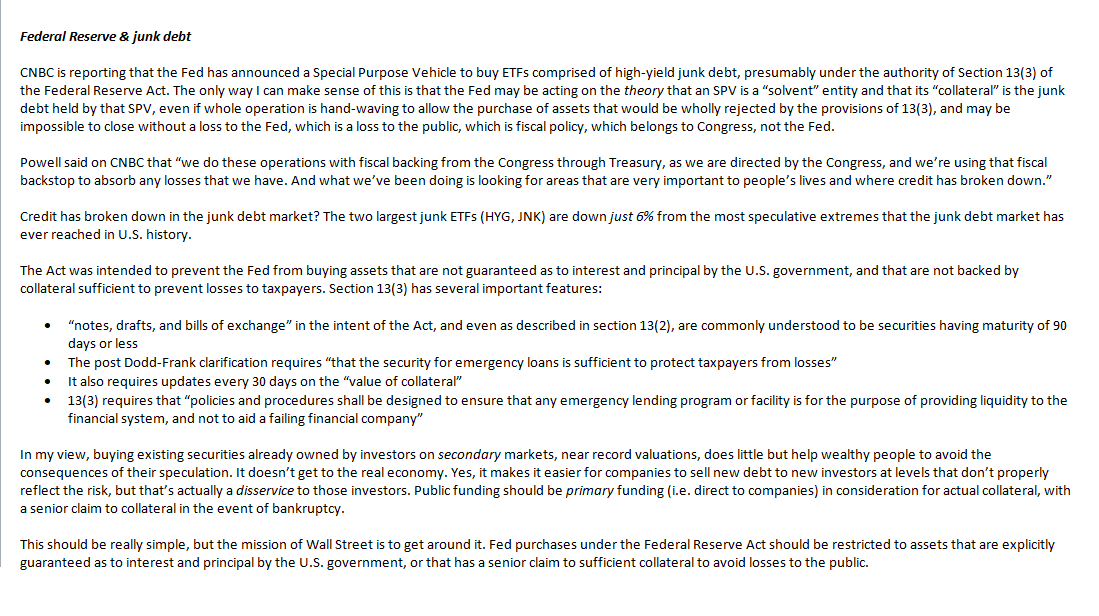 Now, if Congress chooses to support distressed companies, or their restructuring, while suspending dividends and repurchases, excluding excess and stock-based comp, and requiring repayment of public money by companies that still show a profit - HAVE AT IT!Part of my 4/9 memo.