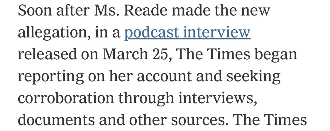 Very brave of the NYT to report on this after Biden became the presumptive nominee, & to attempt to cover its tracks by saying it started “reporting” on this “soon after” her latest allegation.It just didn’t get around to publishing anything until now. It’s been 2.5 weeks.  https://twitter.com/eoinhiggins_/status/1249311728170684418