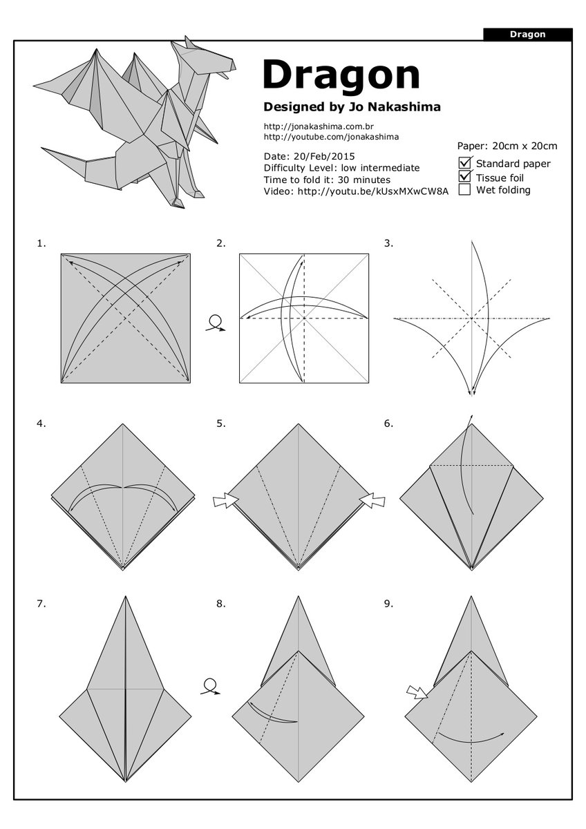 Today's Origami Challenge (Part 1): Dragon! - designed by Jo Nakashima, image size:848x1200