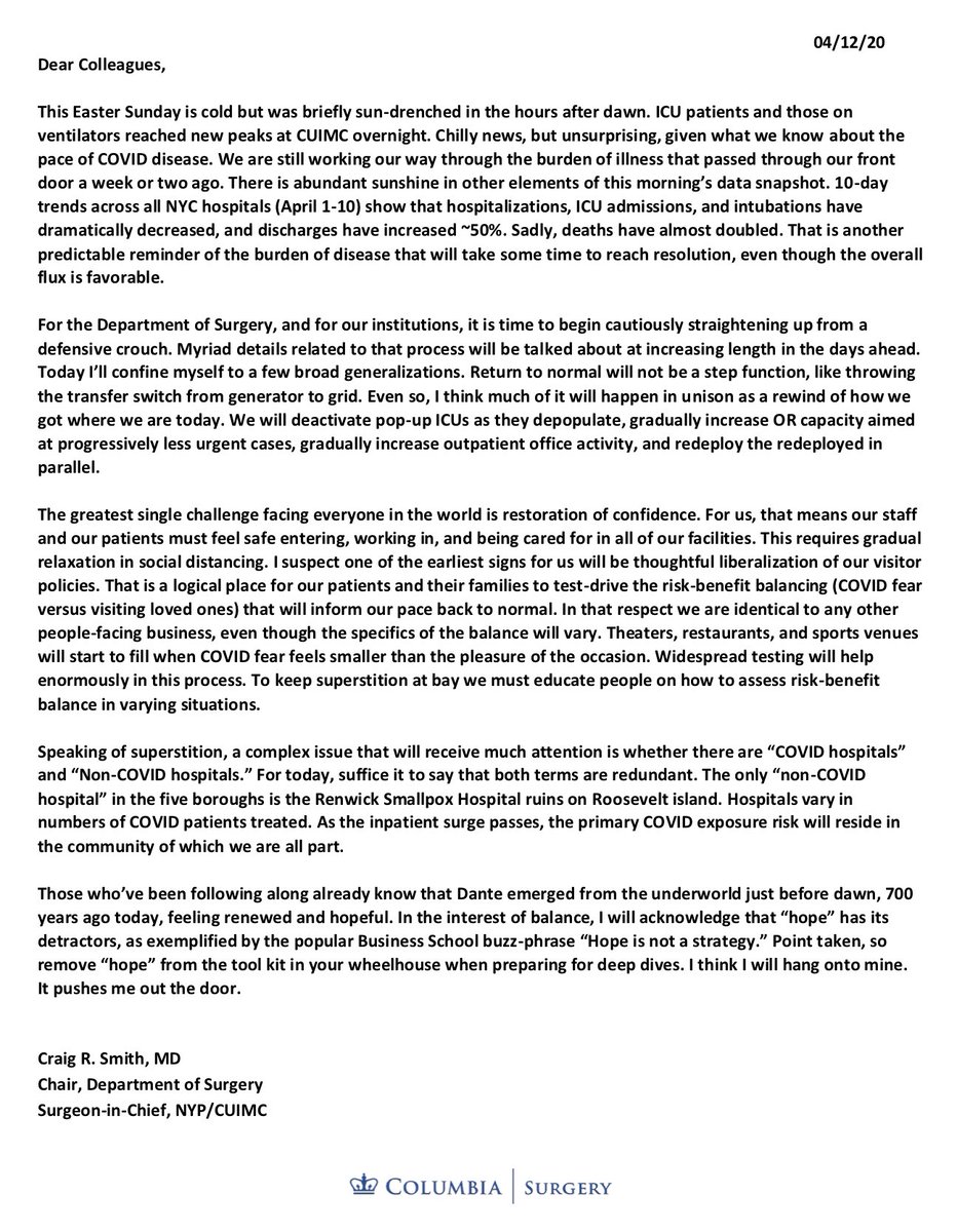 COVID-19 Update: Sunday, 4/12/20The latest missive on the  #COVID19 crisis from Dr. Craig Smith:  https://columbiasurgery.org/news/covid-19-update-dr-smith-41220