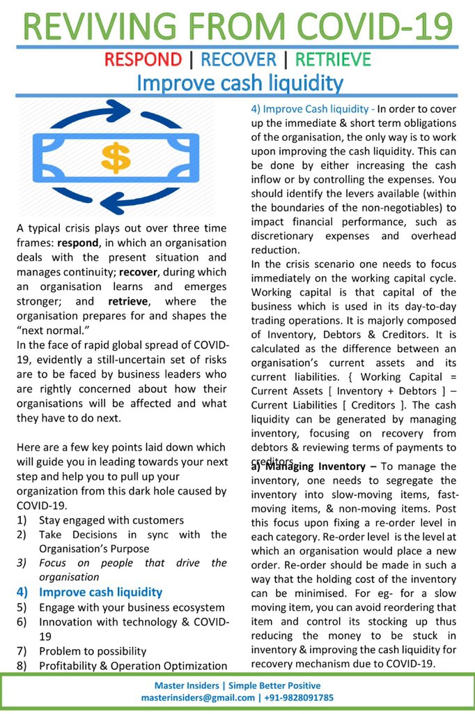 caravimamodiya's tweet photo. REVIVING FROM COVID-19
RESPOND | RECOVER | RETRIEVE
During this crisis the most immediate requirement is that of cash liquidity. Here are few tips which will assist you in doing so.
#stayhome #stayhealthy #uniteagainstcovid19 #availableforyou #indiafightscorona #masterinsiders https://t.co/0aKNhkK0sf