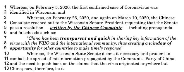 The resolution also calls out the Chinese consulate for trying to get their own propaganda-filled resolution introduced and pushes back on the CCP's coronavirus "minsinformation."  https://docs.legis.wisconsin.gov/2019/related/proposals/sr7