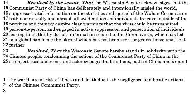 And the resolution also directly blames the Chinese Communist Party for the coronavirus outbreak while it "stands in solidarity with the Chinese people."  https://docs.legis.wisconsin.gov/2019/related/proposals/sr7