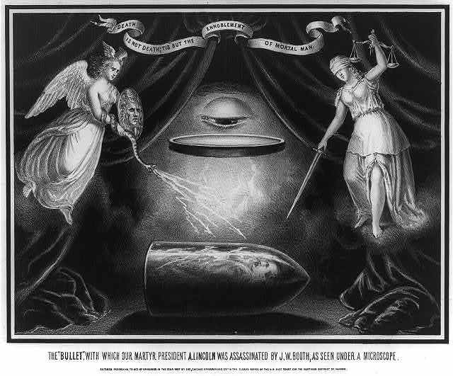 Strange art began appearing that showed Lincoln as being God's messenger of peace and racial healing. His likeness was surrounded by angels, his death an obvious Christian martyrdom.14/