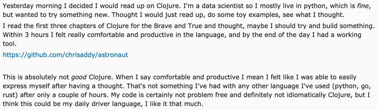 yogthos's tweet image. if you haven't yet tried #Clojure there's no time like the present :)
reddit.com/r/Clojure/comm…