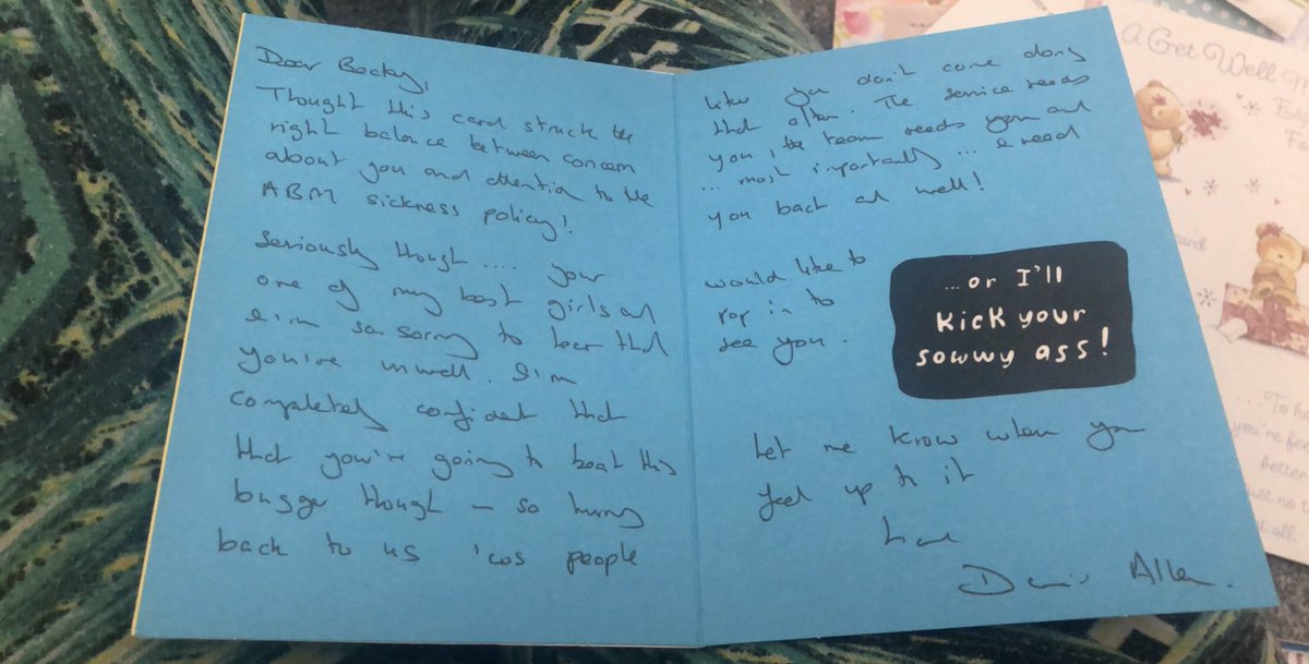 rebeccaedsbt's tweet photo. When #lockdown encourages a #sortout &amp; you come across your old #hospitalbox with all cancer treatment appointments, chemo monitoring books &amp; my lovely get well soon &amp; this one from Professor Dave Allen which still means the most! #specialistLDservices #team https://t.co/8Wav0Covrf