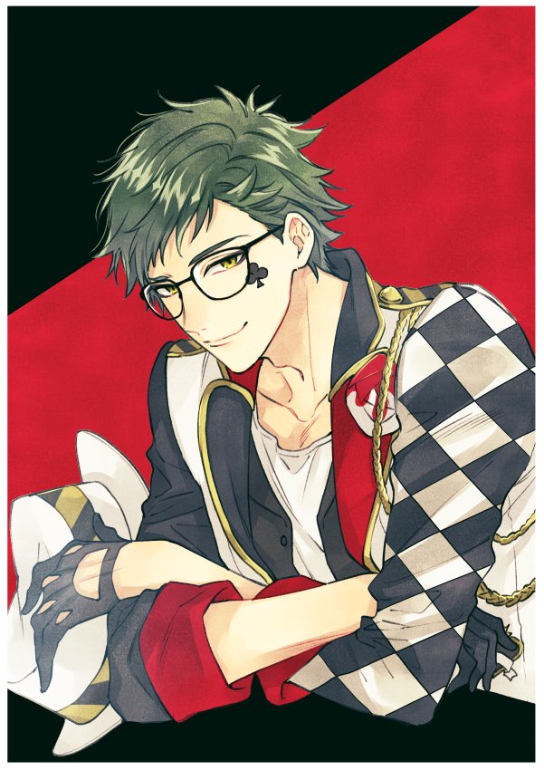 1boy male focus glasses gloves green hair solo smile  illustration images