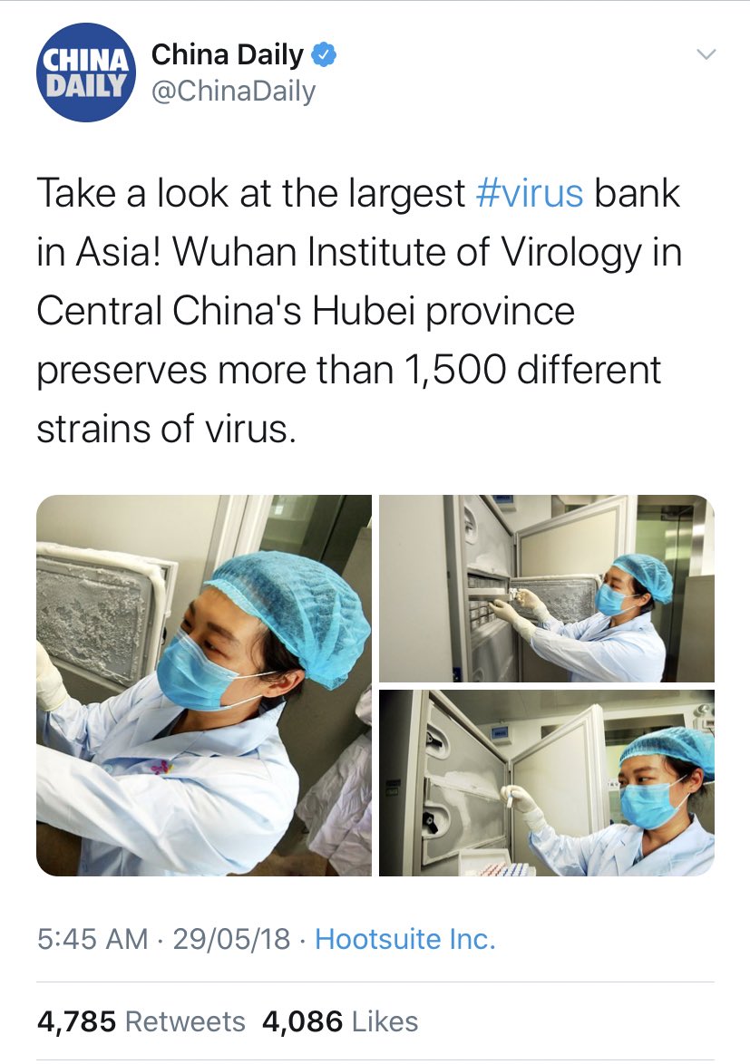 The study said the virus likely escaped by accident from either Wuhan Center for Disease Control or Wuhan Institute of Virology. State-run China Daily in 2018 called the latter "Asia's largest virus bank." It deleted its 2018 tweet—screenshot below—soon after I cited it recently.