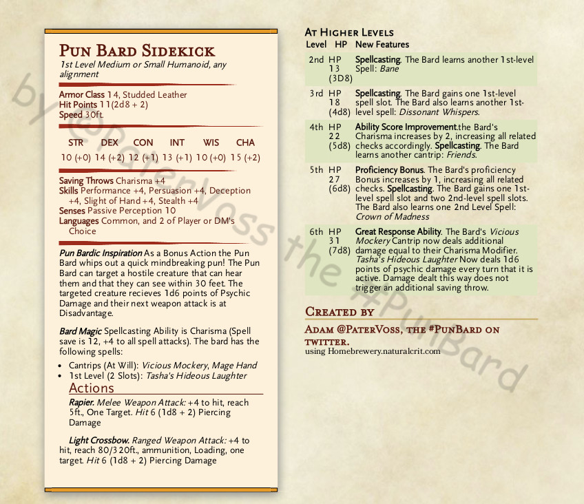 PaterVoss's tweet photo. HERE IT IS! The College of Puns version 2.0! Feel free to use this in your game (with credit of course). Be the world traveling Word Turner you've always wanted to be...or heck, with the Sidekick add-on, have one travel with you!

#DnD #PunBard https://t.co/UU9Imxv7M4