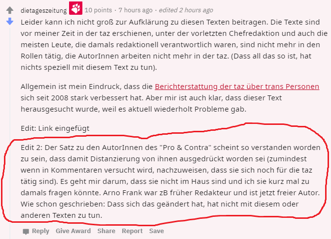 juli_unruly's tweet photo. @tazgezwitscher stellt jetzt klar, dass sie sich nicht von Arno Frank/dessen Aussagen distanziert.
Behauptet mit "die Autor*innen arbeiten nicht mehr in der taz" sei gemeint gewesen, sie seien gerade nicht im Haus.
🥴
Das neue Edit zur Stellungnahme und meine Antwort darauf... https://t.co/mlbzzwiHQI