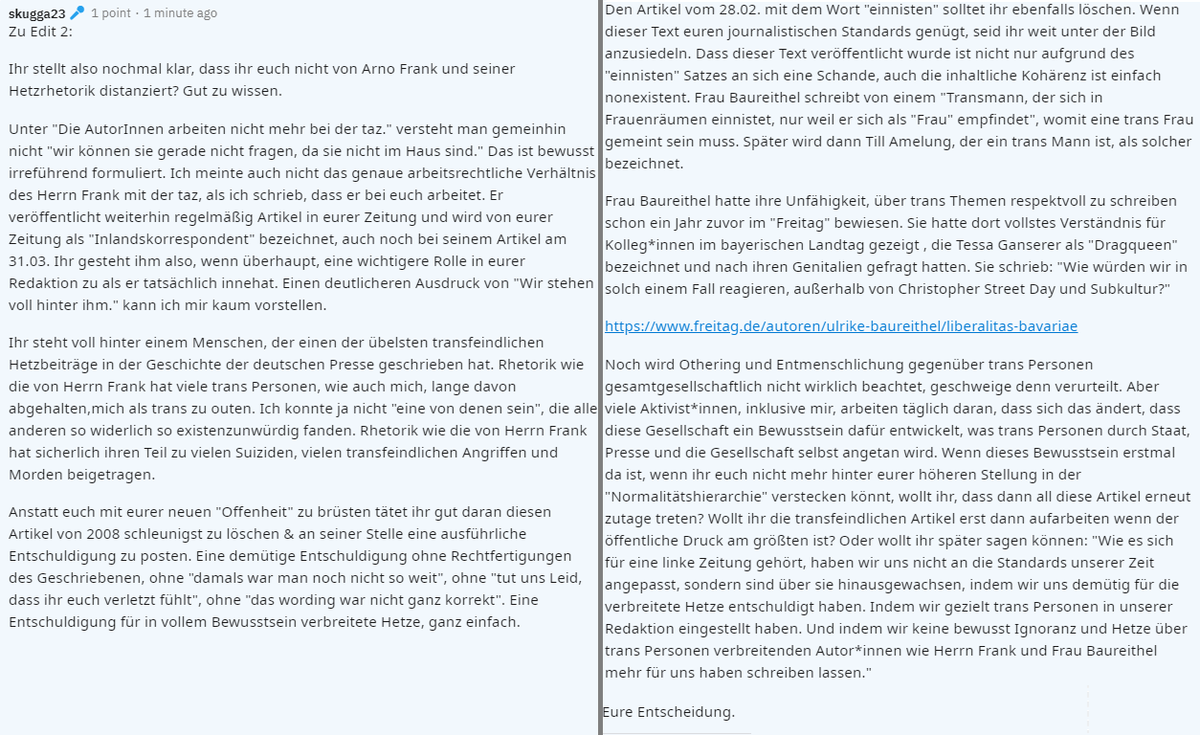 juli_unruly's tweet photo. @tazgezwitscher stellt jetzt klar, dass sie sich nicht von Arno Frank/dessen Aussagen distanziert.
Behauptet mit "die Autor*innen arbeiten nicht mehr in der taz" sei gemeint gewesen, sie seien gerade nicht im Haus.
🥴
Das neue Edit zur Stellungnahme und meine Antwort darauf... https://t.co/mlbzzwiHQI