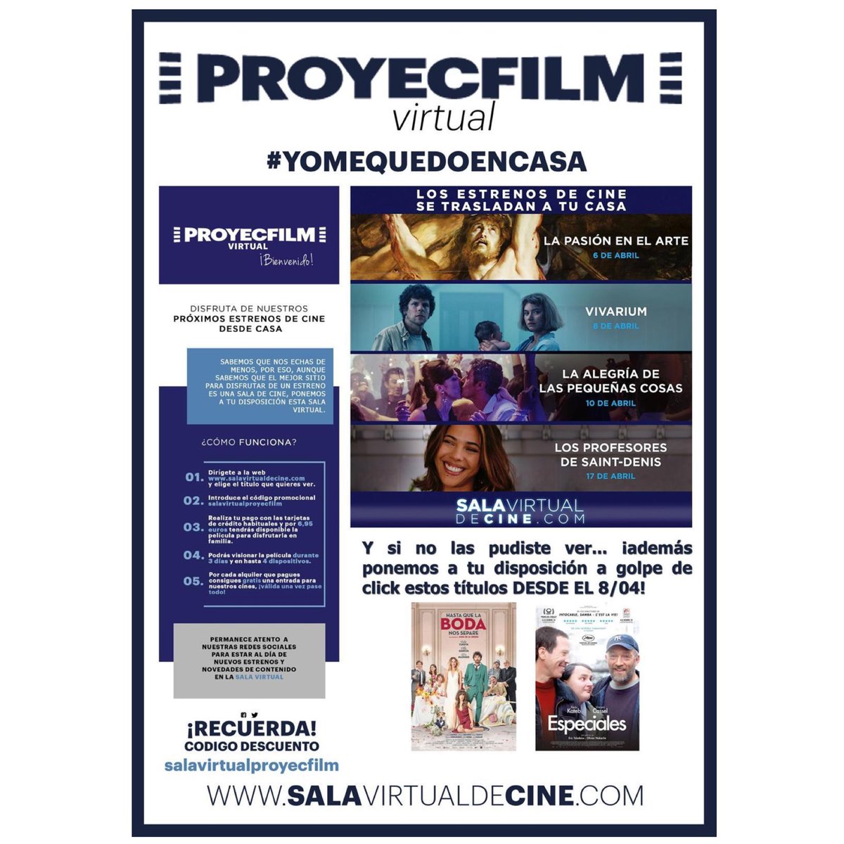 Os proponemos un plan de cine para esta tarde de Domingo y que podáis disfrutar del cine de estreno en casa.
*Por cada compra que hagas te regalaremos una invitación para disfrutar de la película que quieras en nuestra sala cuando todo vuelva a la normalidad.
@salavirtualcine