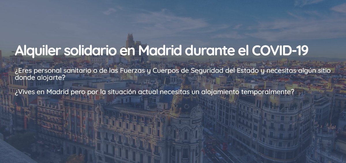 CooperaCovid19's tweet photo. Madrid ALOJA pone a disposición más de 150 viviendas gratuitas en #Madrid ( o a precios reducidos) para #sanitarios, cuerpos de seguridad y todas aquellas personas que necesiten #alojamiento #RecursosSolidarios #Covid-19 +INFO: https://t.co/5LFuTIIv37 https://t.co/CSsrbMVsBw