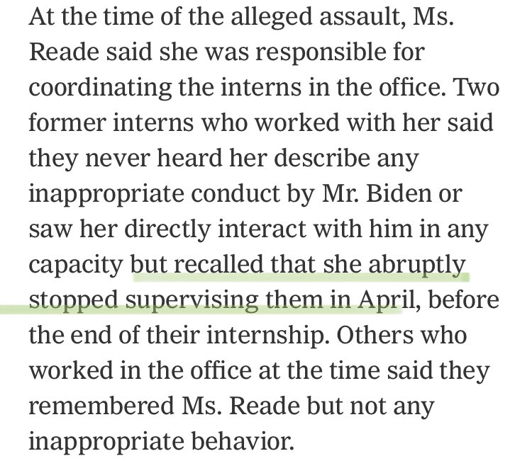 NYT said they found no corroboration for any details of Reade’s allegation, but doesn’t this sorta line up?  https://www.nytimes.com/2020/04/12/us/politics/joe-biden-tara-reade-sexual-assault-complaint.html