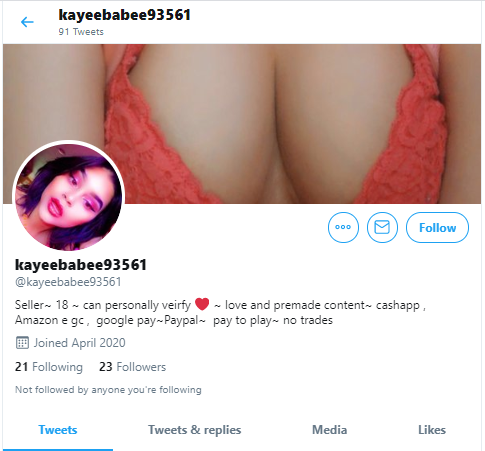 UPDATE! #OnBlast Scammer ran from @kaybabe93561 to @kayeebabee93561 to avoid the bad publicity!Please  #RT &  #REPORT for Suspension-Evasion!Reminder, all her media before Mar 22 is illegal/underage!More being scammed: https://twitter.com/IamMirandax/status/1249272718689738752 https://twitter.com/ols_pols/status/1249281181520138241