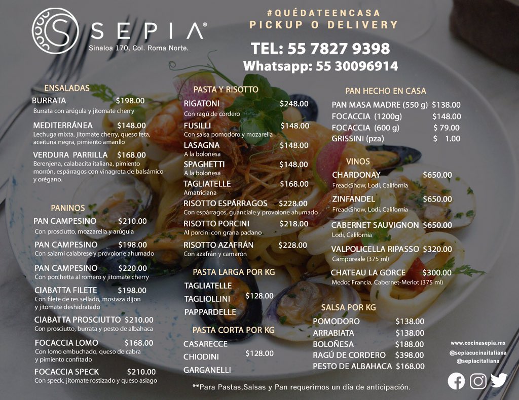 Recuerden que en Pehua y en Sepia <a href="/sepiacitaliana/">Sepia Cucina Italiana</a> seguimos con nuestro menú de Take and Go. Pra que cualquier día les alegre la cuarentena. <a href="/BaksLive/">Baks</a> plis RT 🙏🏻