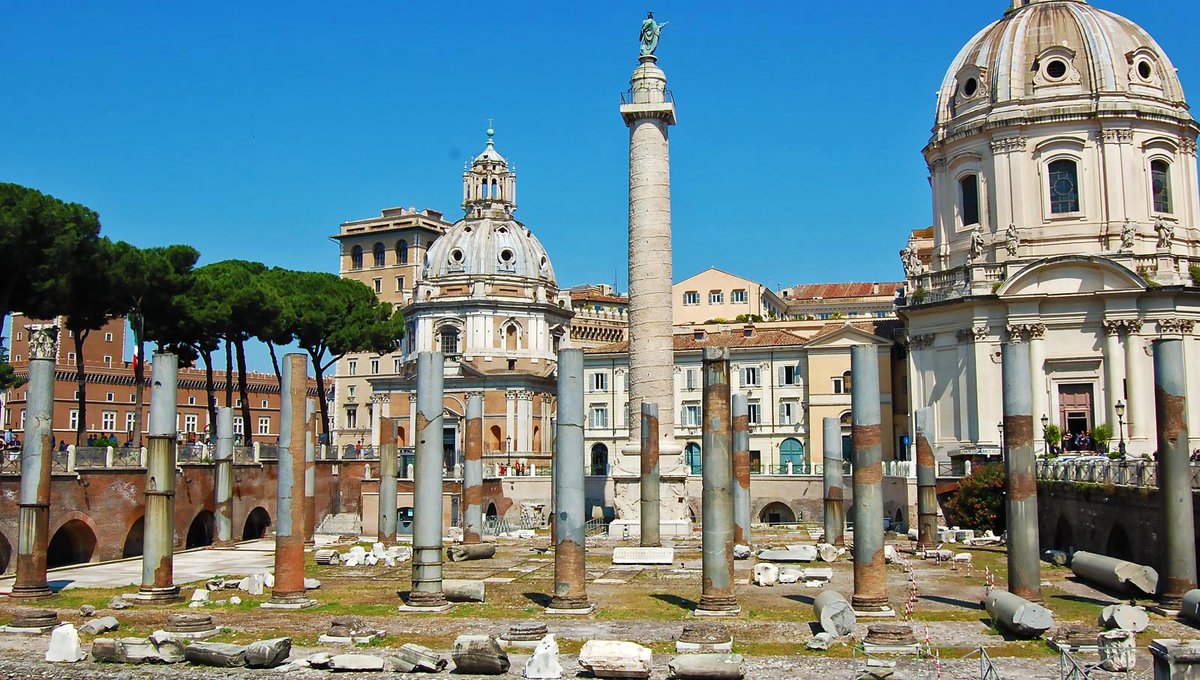 Some re-erected granite columns are all that now remains of the once-magnificent Basilica Ulpia, which lies partially under the Via dei Fori Imperiali. Thankfully, Trajan's Column has survived the ravages of the millennia and still stands defiantly among the ruins.  #LostRome