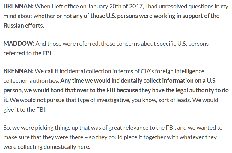 3) Brennan also discussed how the CIA was gathering info on these US citizens whom the CIA "suspected" of working w/Russia and passing that information along to the FBI: