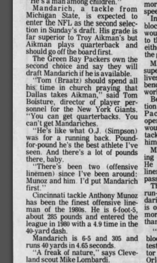 Tony Mandarich (1989)There may not ever have been greater collective hyperbole uttered about a prospect in the history of the draft. Mandarich only lasted 3 years w/ the Packers, & has recently admitted he was on steroids throughout the dominant portion of his college career