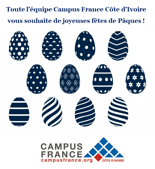 #OnEstEnsemble #EnsembleALaMaison
#ChezMoiAvecCampusFranceCotedIvoire

🌿 Toute l'équipe Campus France Côte d'Ivoire vous souhaite de joyeuses fêtes de Pâques ! 🌿

Prenez soin de vous,