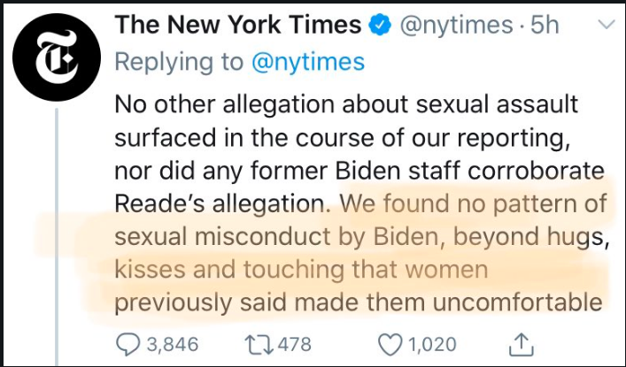 Remember the press spent a month essentially arguing that underage drinking was evidence that Kavanaugh committed sexual assault, but a long pattern of "hugs, kisses, and touching that women previously said made them uncomfortable" proves Biden's innocence.