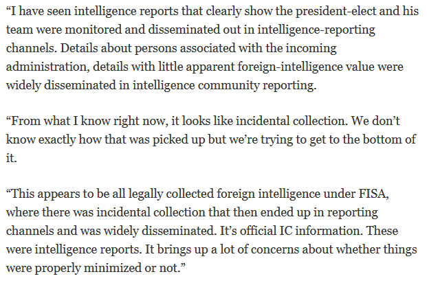 10) Recall the comments made by Devin Nunes in March 2017:"I recently confirmed that on numerous occasions, the intelligence community incidentally collected information about U.S. citizens involved in the Trump transition..."More: