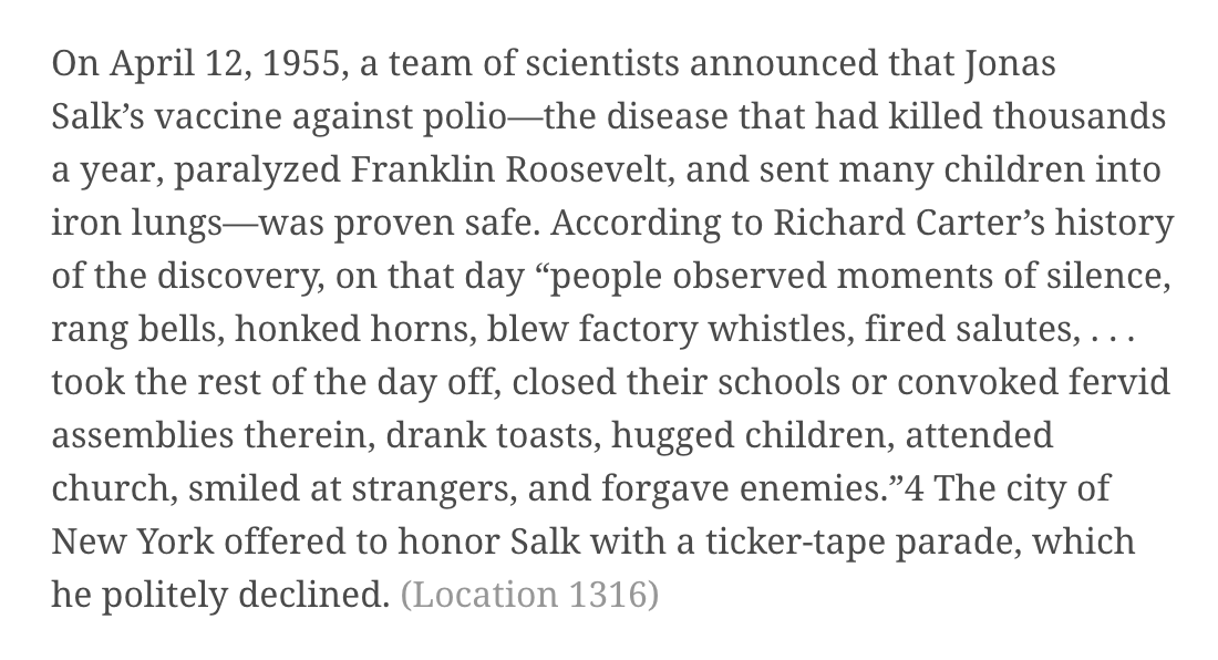 This is why polio epidemics were getting worse over time, and why we absolutely needed the vaccine. And why Salk was hailed as a hero (quote from Enlightenment Now by  @sapinker):