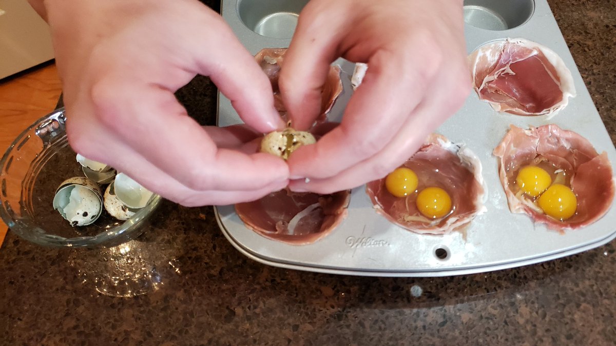 BrockStorrusten's tweet photo. Doing some unique cooking with my wife @cstorrusten on a Sunday morning! Marrying prosciutto, quail eggs (thanks to @koan_cary in Cary and MojoBack Farms), and truffle hollandaise....it was #yummy! #cookinginquarantine https://t.co/yYpZ1DjsFj