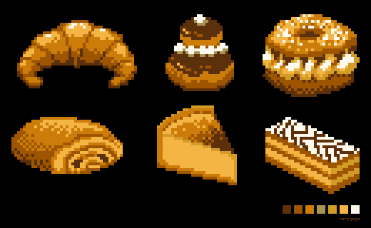 Arborore's tweet photo. Trying to do some pixel pastries with a limited palette: croissant, religieuse, Paris-Brest, pain au chocolat, flan pâtissier, mille-feuille. #grafx2 #pixels #pixelart #pâtisseries https://t.co/hTFA9Ie550