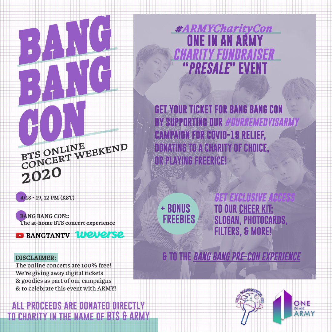 Ready for  #BANGBANGCON?Come get your VIP tickets & benefits through  #ARMYCharityCon All you need to do is donate to a charity or use  @Freerice & submit a screenshot here to get your ticket   http://bit.ly/ARMYCharityCon In collab w  @BTSYouniverseTN Charities to donate to  https://twitter.com/OneInAnARMY/status/1244610381055700995