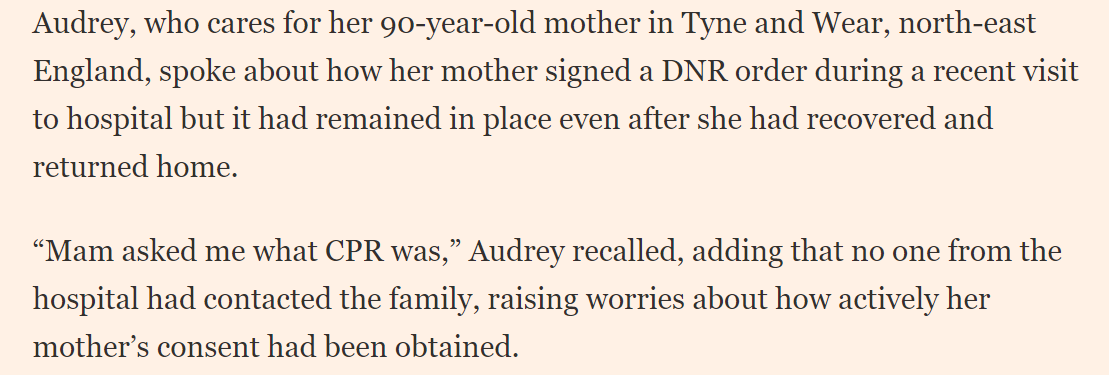 A similar judgment is made with 'Do Not Resuscitate' or 'DNR' notices which, as  @naomi_rovnick adds in our story, naturally leads some to question themselves, and their doctors. There are a lot of Audrey's out there....BUT /12